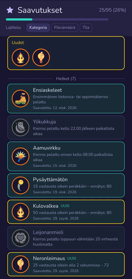 Saavutusten yleiskatsaus: avatut ja avaamattomat saavutukset