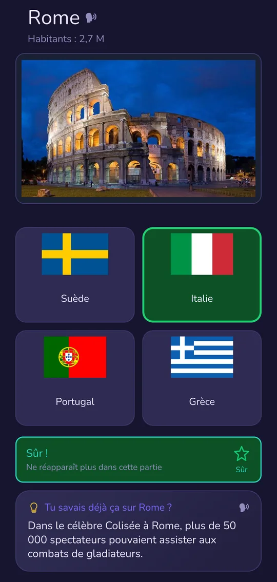 Question d'apprentissage : Rome avec photo de la ville, drapeau correct Italie, anecdote sur la ville