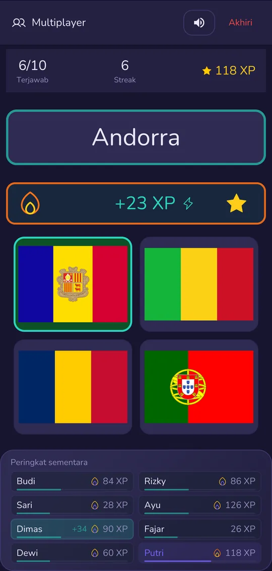 Ronde multiplayer: pertanyaan yang sama di semua perangkat, skor pemain lain