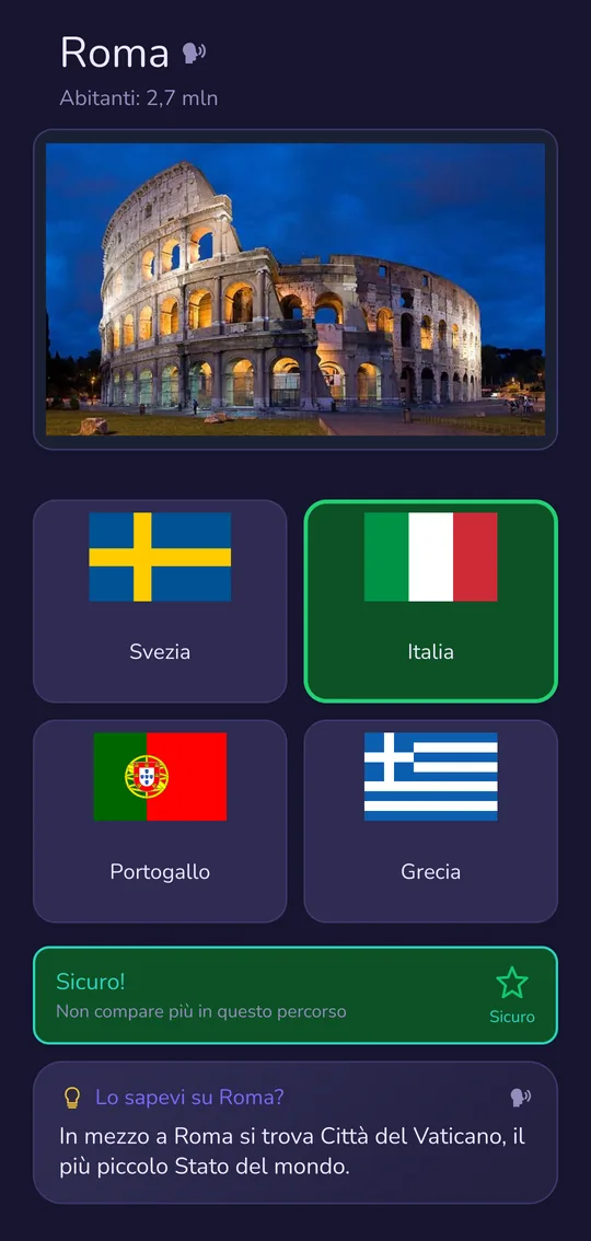 Domanda di studio: Roma con foto della città, bandiera corretta Italia, curiosità sulla città