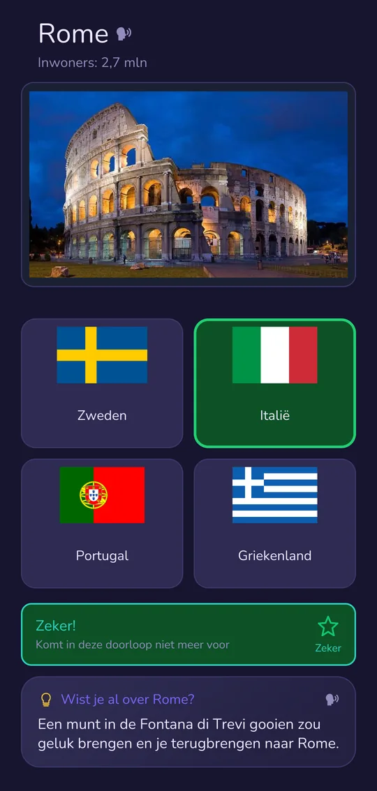 Leervraag: Rome met stadsfoto, juiste vlag Italië, weetje over de stad