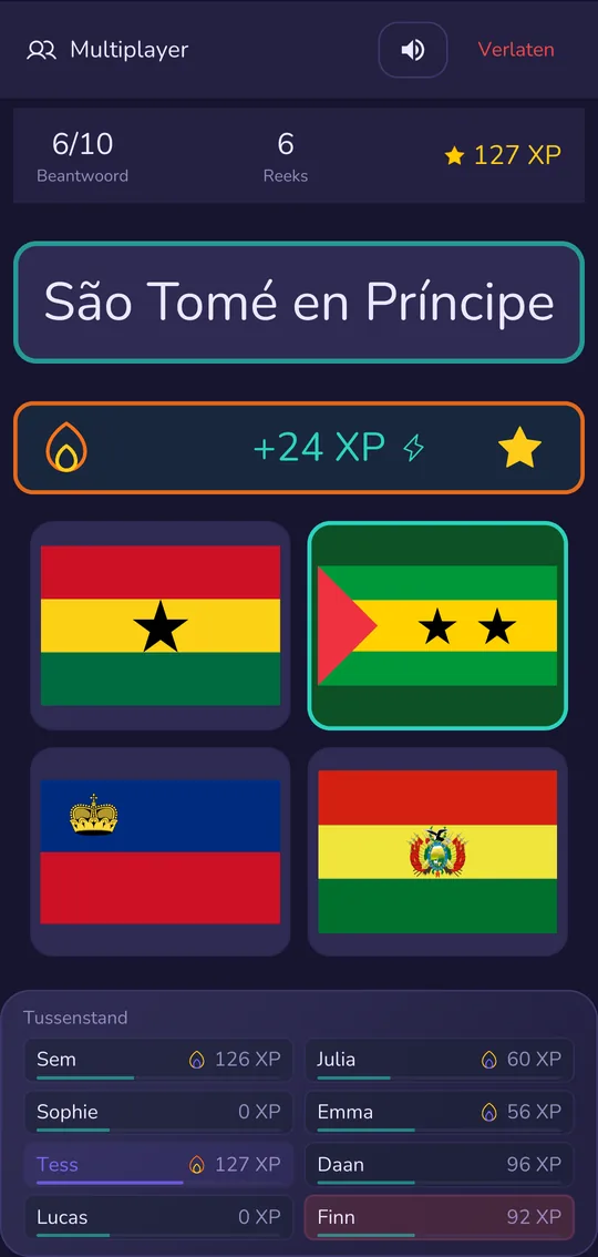 Multiplayer-ronde: dezelfde vraag op alle toestellen, score van de medespelers