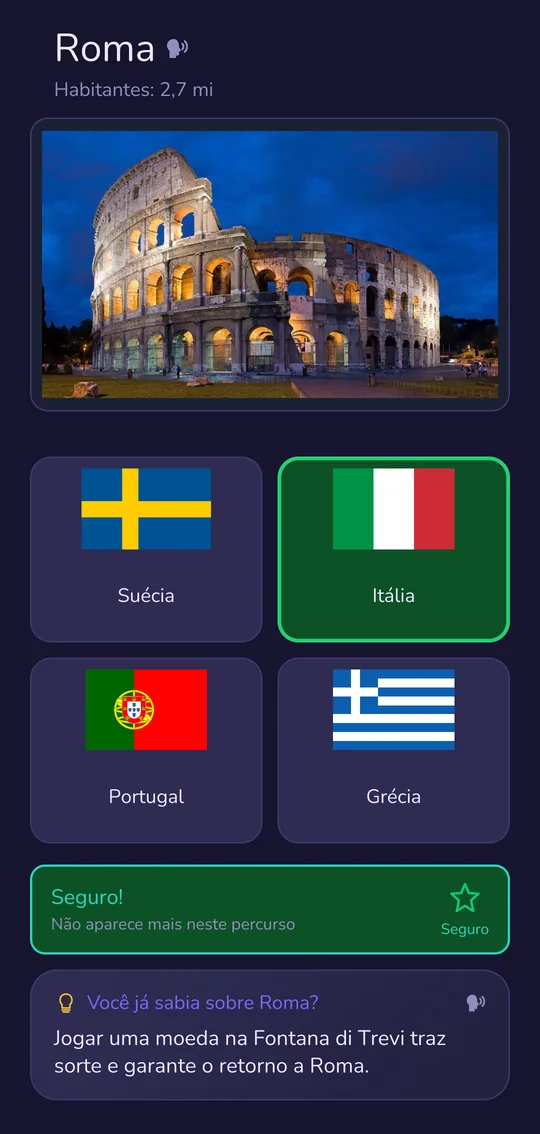 Pergunta de aprendizado: Roma com foto da cidade, bandeira correta Itália, curiosidade sobre a cidade