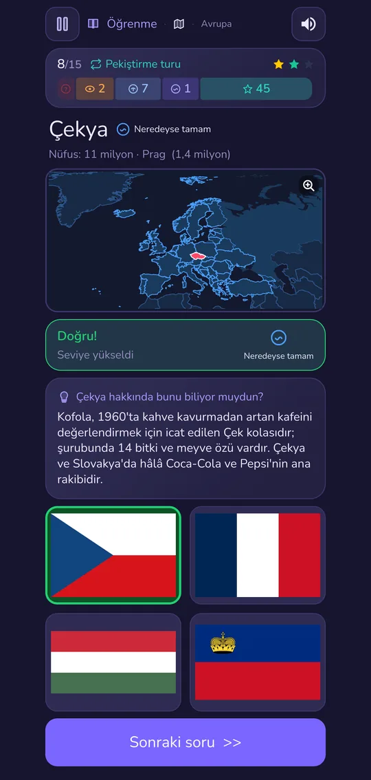 Çekya için harita ve ilginç bilgiyle öğrenme sorusu