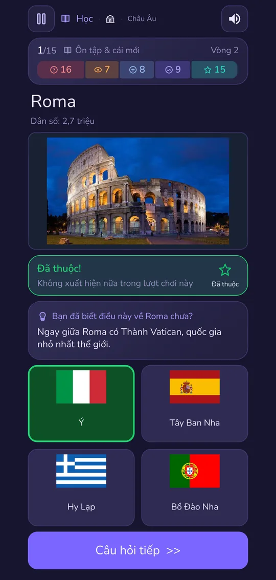 Câu hỏi học: Roma với ảnh thành phố, cờ đúng là Ý, điều thú vị về thành phố